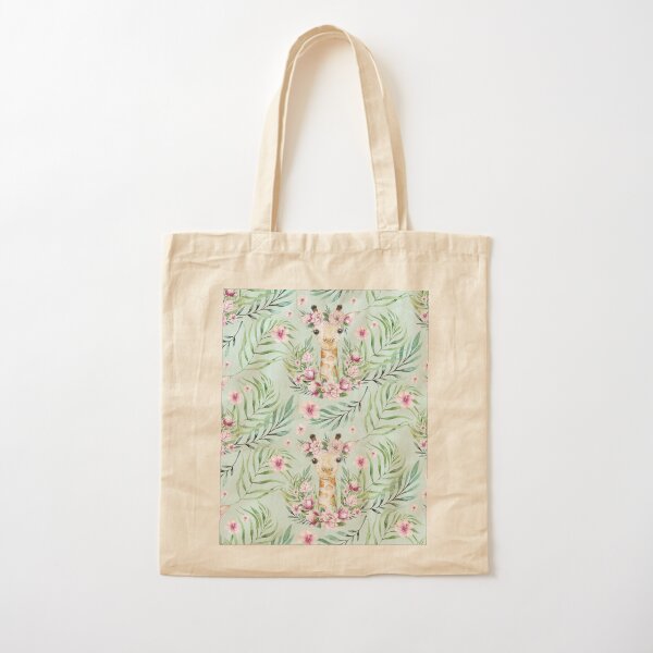 Cute Friends Giraffe With Leaves And Flowers On Green Background Cotton Tote Bag