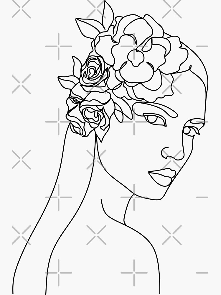 "Head Of Flowers Art Print Line Art Woman With Flowers Flower Woman