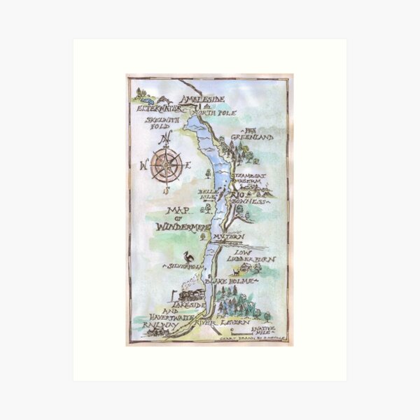 Swallows and Amazons map of Windermere in spring colours - Art Print