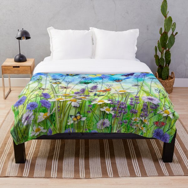 Butterflies & wildflowers collage, summer meadow Throw Blanket