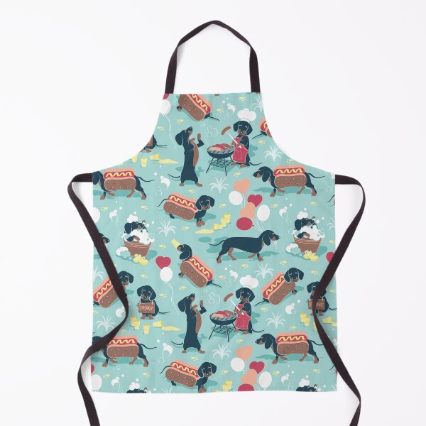 Item preview, Hot dogs and lemonade // aqua green background navy and brown dachshunds  designed and sold by SelmaCardoso.