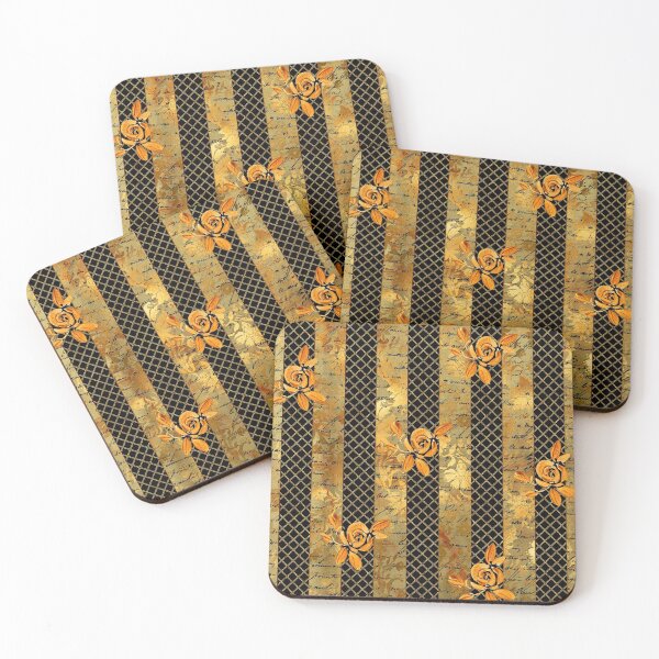 Gold roses on a golden grid on black background Coasters (Set of 4)