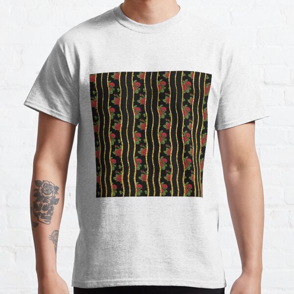 Pattern of red roses on a background of golden and black stripes Classic T-Shirt
