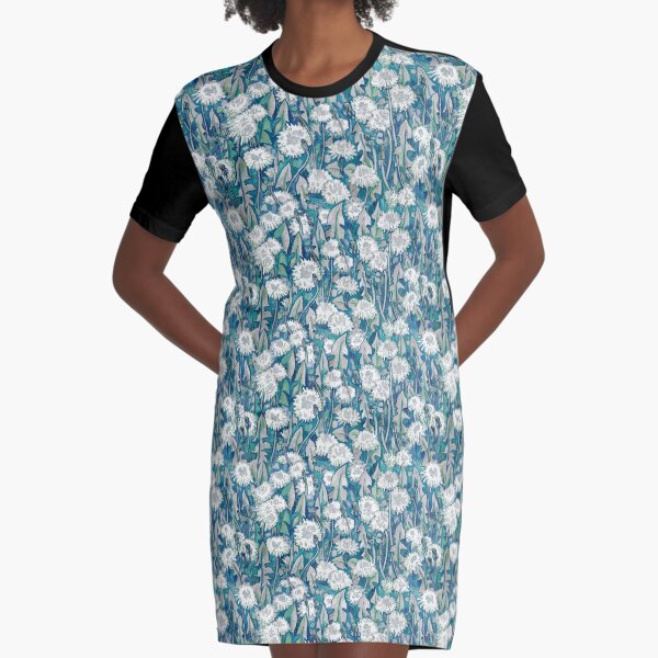 Dandelion Bloom, Summer Wildflowers, Botanical Floral Pattern, Grey Teal White Graphic T-Shirt Dress