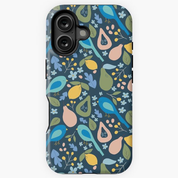 Navy Blue Orchard Birds Pattern - Orchard Bird Collection iPhone Tough Case