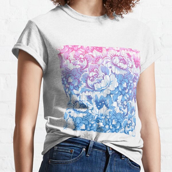 Blue and pink baroque roses pattern on a white background Classic T-Shirt