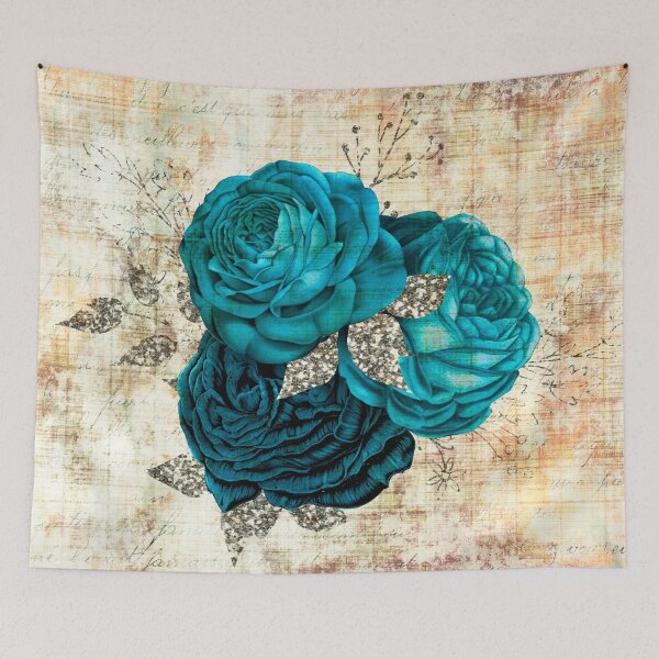 Item preview, Pattern of turquoise blue baroque roses on a light textured background designed and sold by LaBeauteEtMoi.