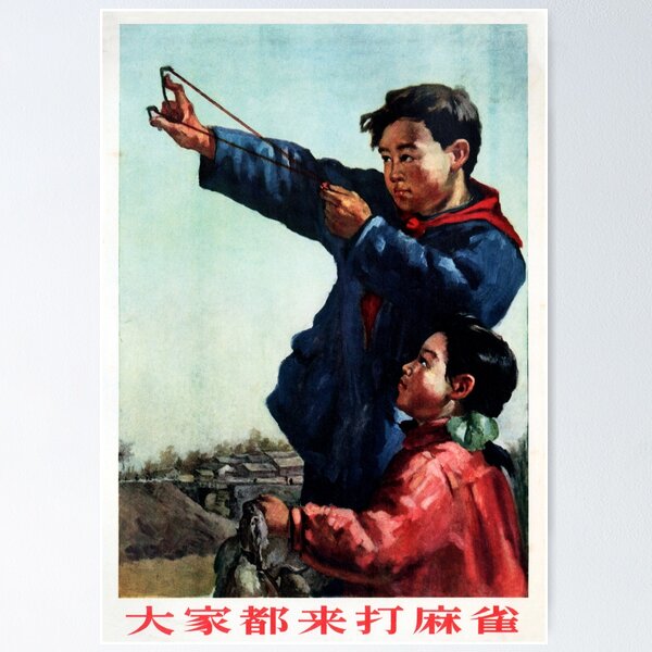 Vista previa del artículo con la obra «"Todo el mundo viene a apalear a los gorriones" Campaña contra las cuatro plagas de China de 1956», diseñado y vendido por retroposters.