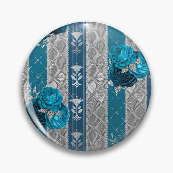 Item preview, Pattern of turquoise blue baroque roses on silver and blue stripes designed and sold by LaBeauteEtMoi.