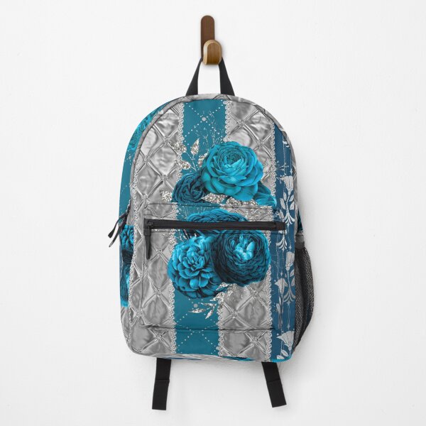 Item preview, Pattern of turquoise blue baroque roses on silver and blue stripes designed and sold by LaBeauteEtMoi.