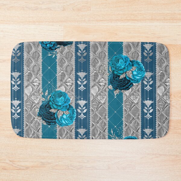 Item preview, Pattern of turquoise blue baroque roses on silver and blue stripes designed and sold by LaBeauteEtMoi.