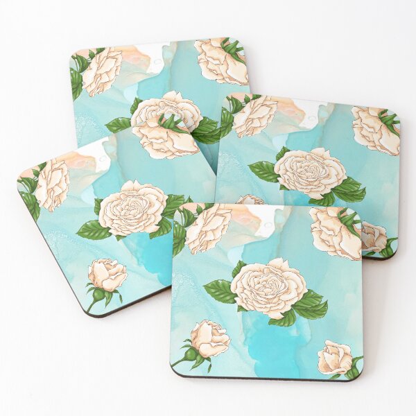 Item preview, White roses on sky blue and white watercolor background designed and sold by LaBeauteEtMoi.