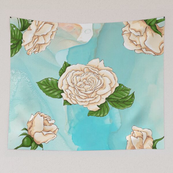 Item preview, White roses on sky blue and white watercolor background designed and sold by LaBeauteEtMoi.