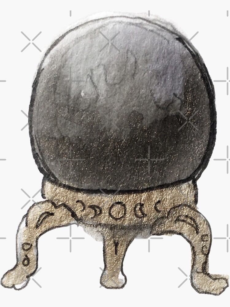 Black Crystal Ball on Gold Pedestal for Scrying Illustration in Watercolor  by WitchofWhimsy