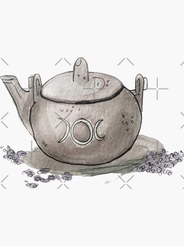 Lavender Tea in a Silver Kettle with Moon Insignia Illustration in Watercolor by WitchofWhimsy
