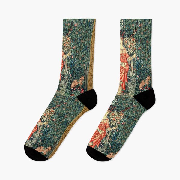 Item preview, POMONA GODDESS OF ABUNDANCE HOLDING FRUITS IN GREENERY, FOREST ANIMALS Fox,Hares Red Blue Green Floral designed and sold by BulganLumini.