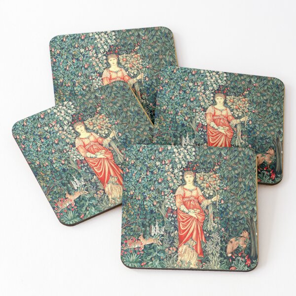 POMONA GODDESS OF ABUNDANCE HOLDING FRUITS IN GREENERY, FOREST ANIMALS Fox,Hares Red Blue Green Floral Coasters (Set of 4)