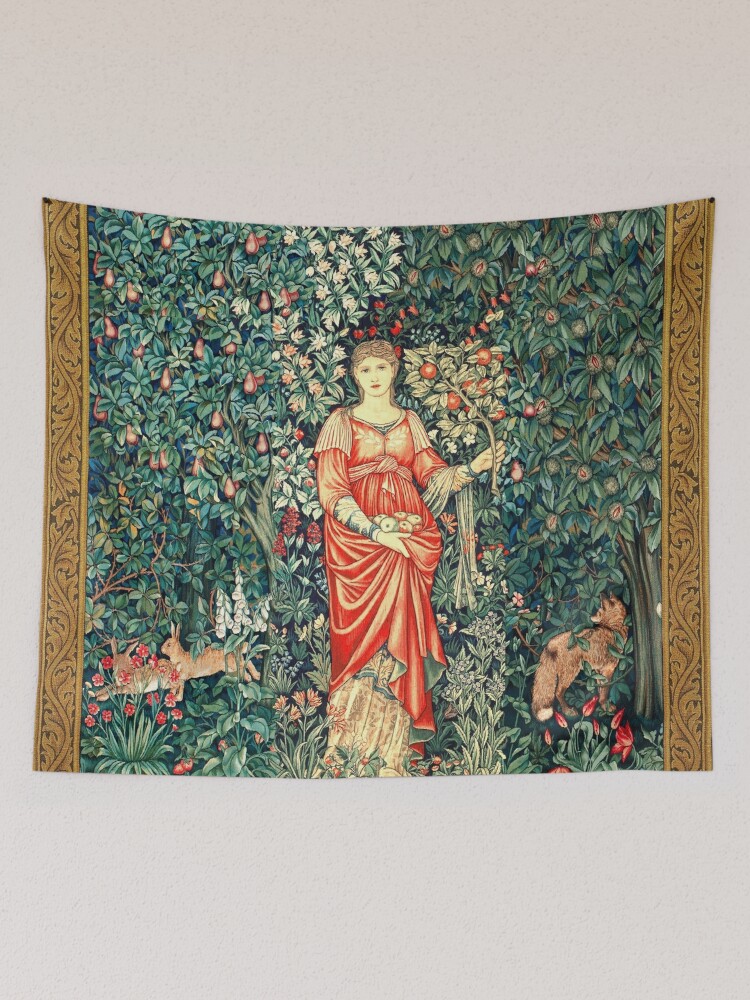 GREENERY, FOREST ANIMALS Fox and Hares Blue Green Floral Tapestry
