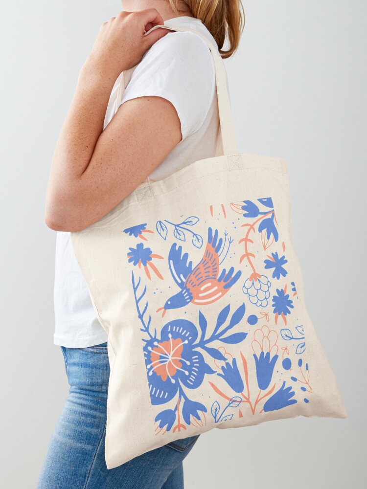 Blue Canvas Fabric Tote Bag Handmade Printed Floral Flower on sale Bag