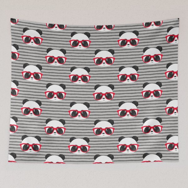 Item preview, Pandas with glasses - cute panda on grey stripes designed and sold by littlearrow.