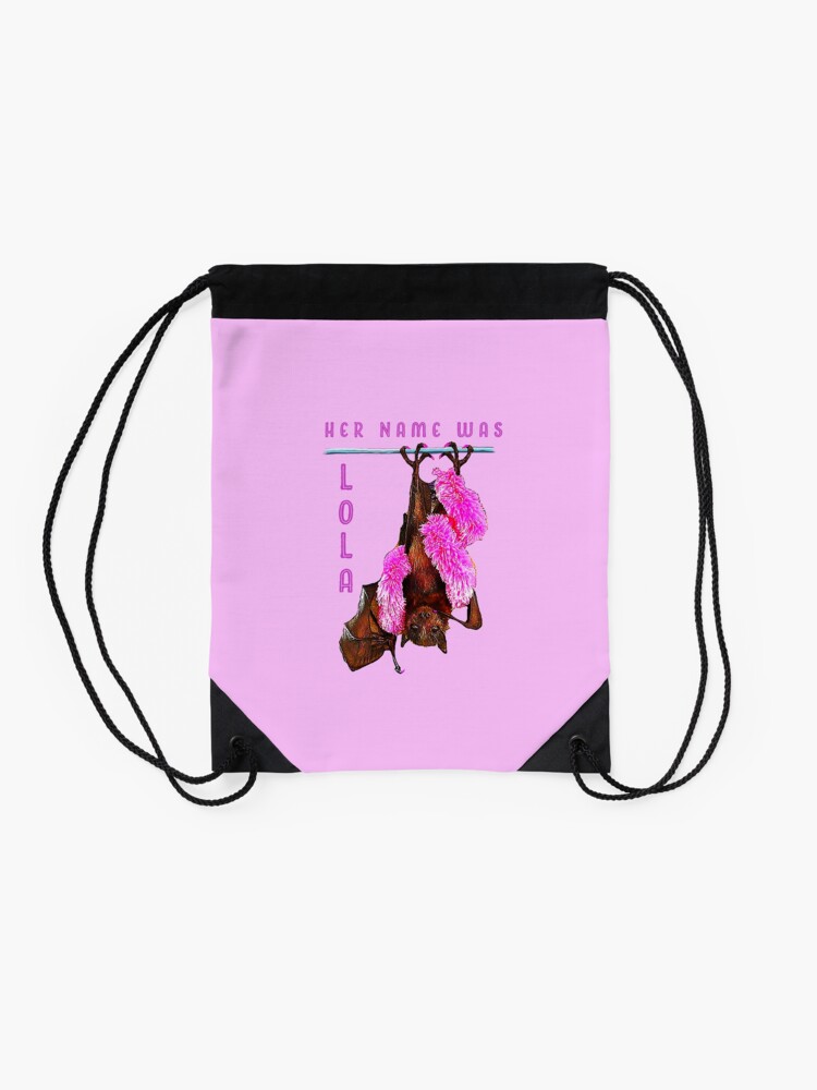 Alternate view of Batzilla - Lola the Showbat Pink background Drawstring Bag