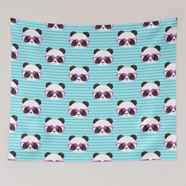 Item preview, Pandas with pink glasses - cute panda on blue stripes designed and sold by littlearrow.