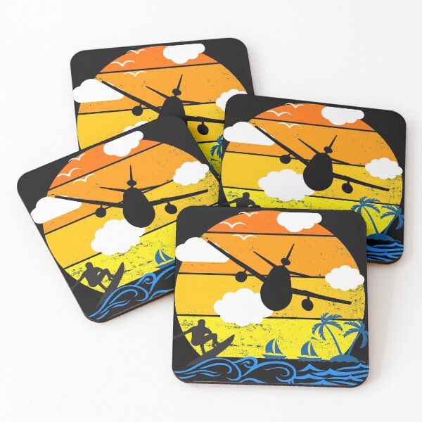 Item preview, Jetliner Landing At Airport Beach with Surfer and Distressed Vintage Sunset Curve designed and sold by PupnkittyMania ⭐⭐⭐⭐⭐.