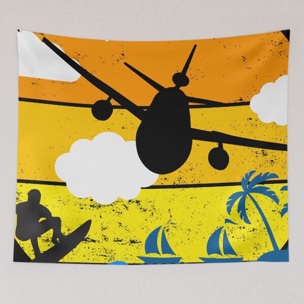 Item preview, Jetliner Landing At Airport Beach with Surfer and Distressed Vintage Sunset Curve designed and sold by PupnkittyMania ⭐⭐⭐⭐⭐.