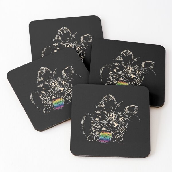 Item preview, A little, black kitten playing with the rainbow ball of wool designed and sold by korasi.