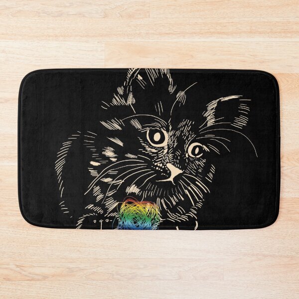 Item preview, A little, black kitten playing with the rainbow ball of wool designed and sold by korasi.