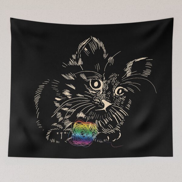 Item preview, A little, black kitten playing with the rainbow ball of wool designed and sold by korasi.
