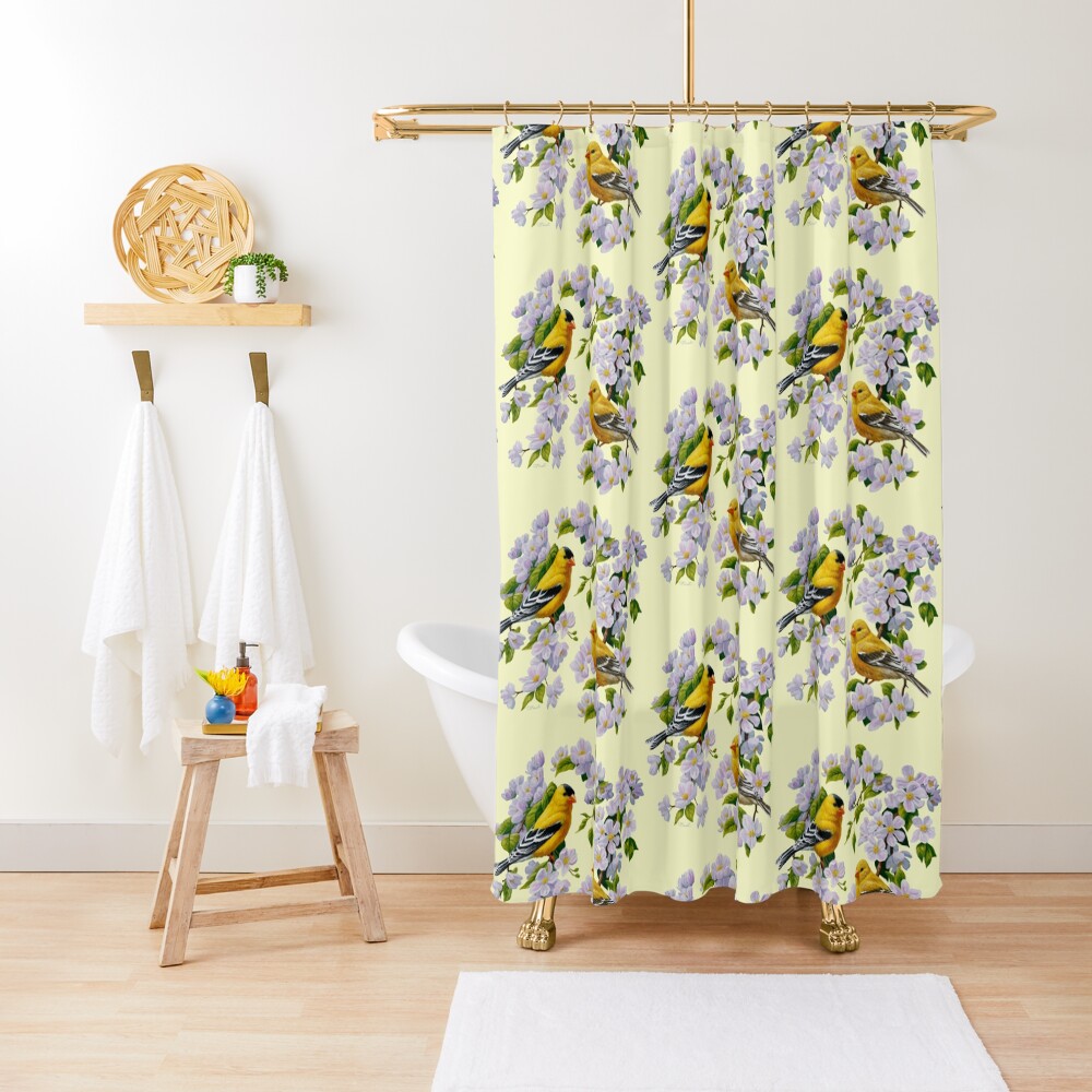 "Goldfinch Birds and Apple Blossom Flowers" Shower Curtain for Sale by