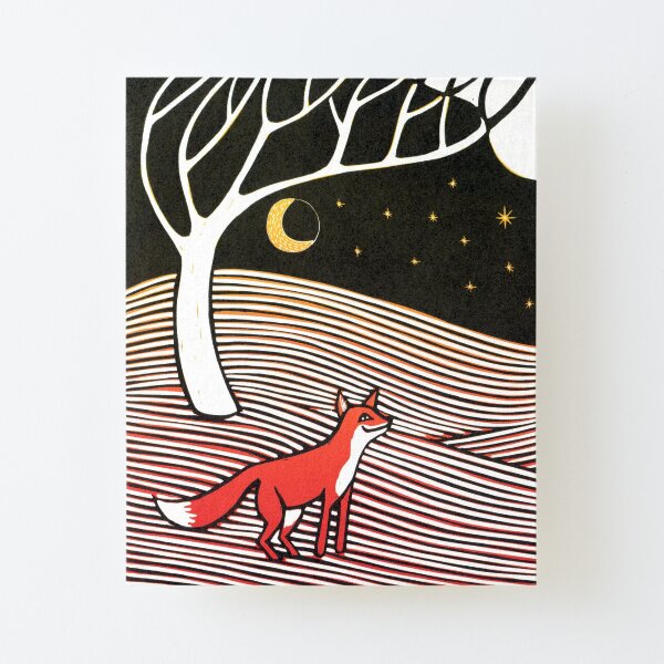 Stargazing - Fox in the Night - original linocut by Francesca Whetnall Canvas Mounted Print