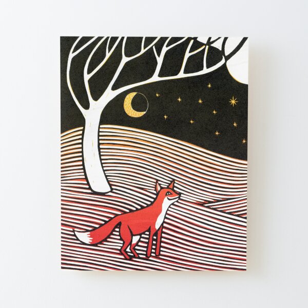 Stargazing - Fox in the Night - original linocut by Francesca Whetnall Wood Mounted Print