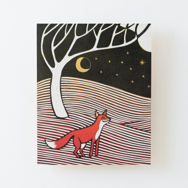 Stargazing - Fox in the Night - original linocut by Francesca Whetnall Wood Mounted Print