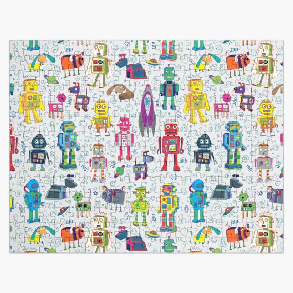 Robots in Space - grey - fun Robot pattern by Cecca Designs Jigsaw Puzzle