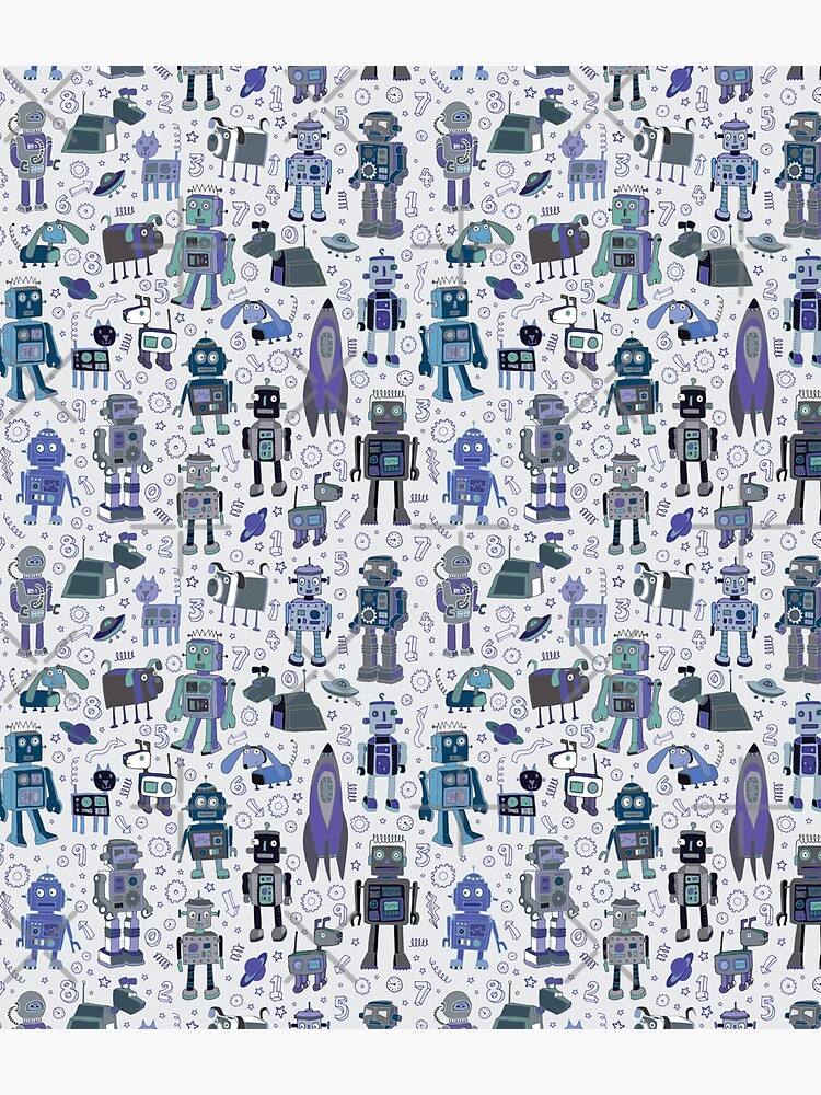 Robots in Space - blue and grey - fun pattern by a Cecca Designs by Cecca-Designs