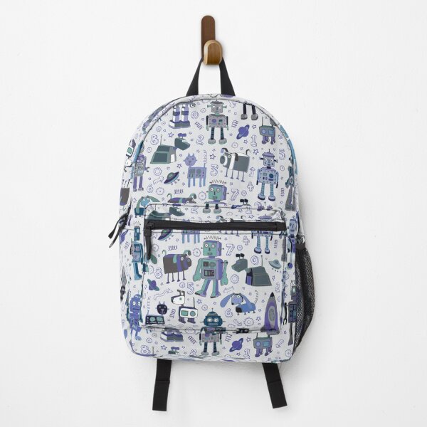 Robots in Space - blue and grey - fun pattern by a Cecca Designs Backpack