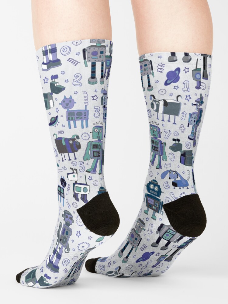 Thumbnail 4 of 5, Socks, Robots in Space - blue and grey - fun pattern by a Cecca Designs designed and sold by Cecca-Designs.