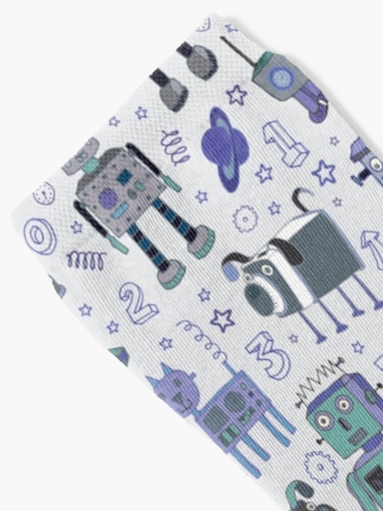 Thumbnail 2 of 5, Socks, Robots in Space - blue and grey - fun pattern by a Cecca Designs designed and sold by Cecca-Designs.