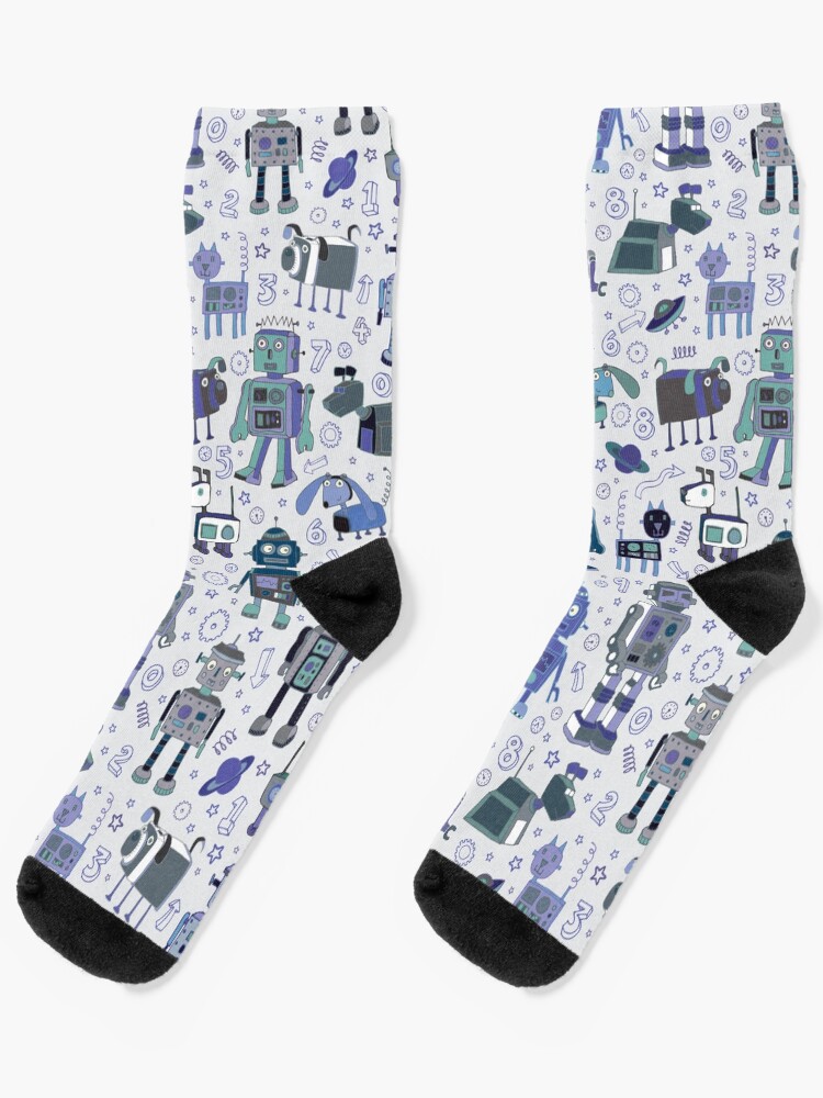 Thumbnail 1 of 5, Socks, Robots in Space - blue and grey - fun pattern by a Cecca Designs designed and sold by Cecca-Designs.