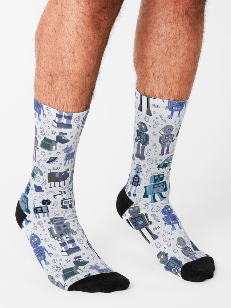 Thumbnail 3 of 5, Socks, Robots in Space - blue and grey - fun pattern by a Cecca Designs designed and sold by Cecca-Designs.