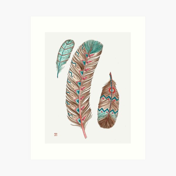 Feathers 3 Peach and Blue Art Print