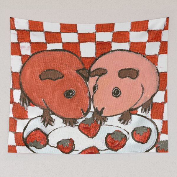 Aperçu de l'œuvre Cochon d'Inde : L'amour à la première bouchée ~ Fraise pique-nique Cavy ~ GRANDE CONCEPTION GRAPHIQUE ~ Pop Art ~ Peinture originale ~ LilyKoArt créée et vendue par Spinning Plates 360.