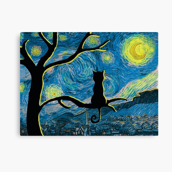 Starry Cat Night in moon light sitting on tree Canvas Print