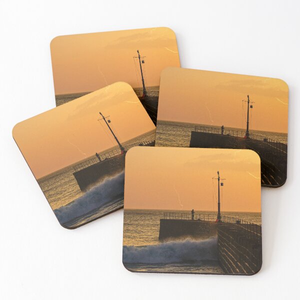 Item preview, Cornwall Harbour ,Storm Porthleven Cornwall  sunset, with orange sky and lightning designed and sold by kathleenjean.