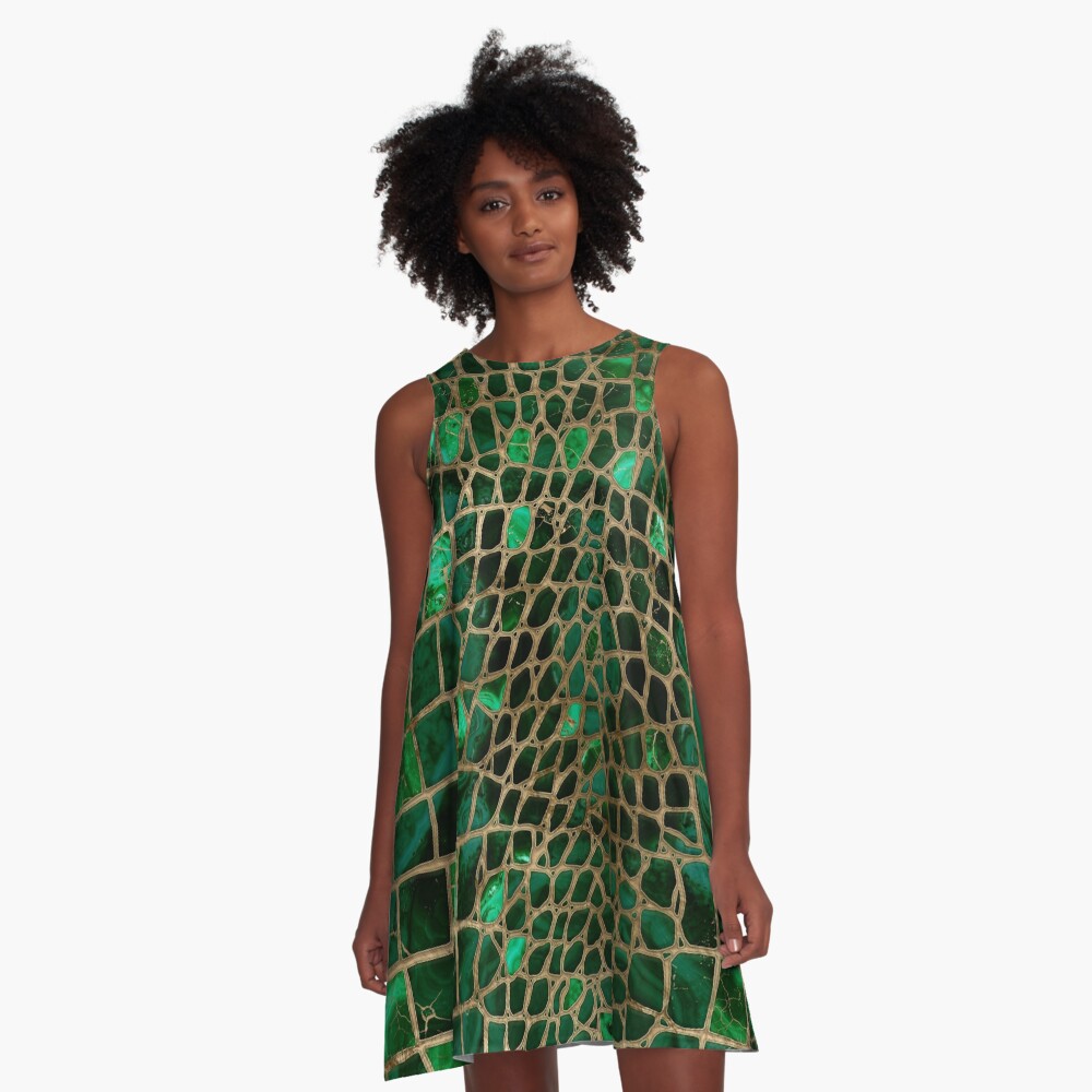 Faux Crocodile texture Malachite and gold A-Line Dress