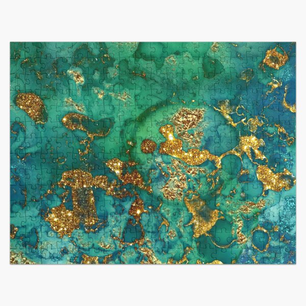 Sparkling Gold Glitter on Green and Blue marble Jigsaw Puzzle