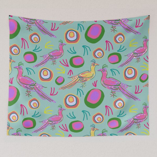 Item preview, Botanical farm birds hand drawn gathering on ocean green pattern designed and sold by EarthyPlanty.