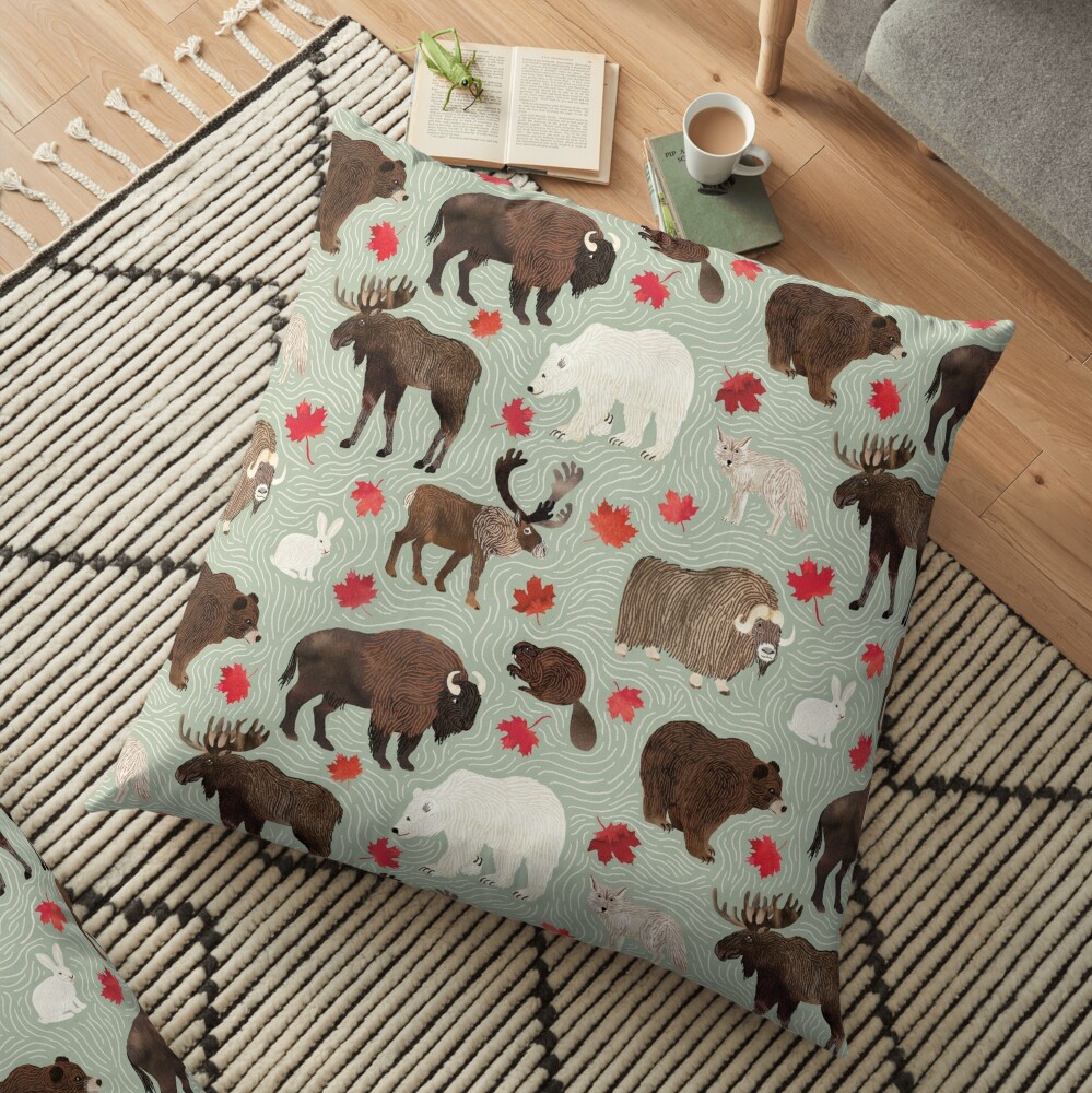 Canadian animals on mint sage green Floor Pillow